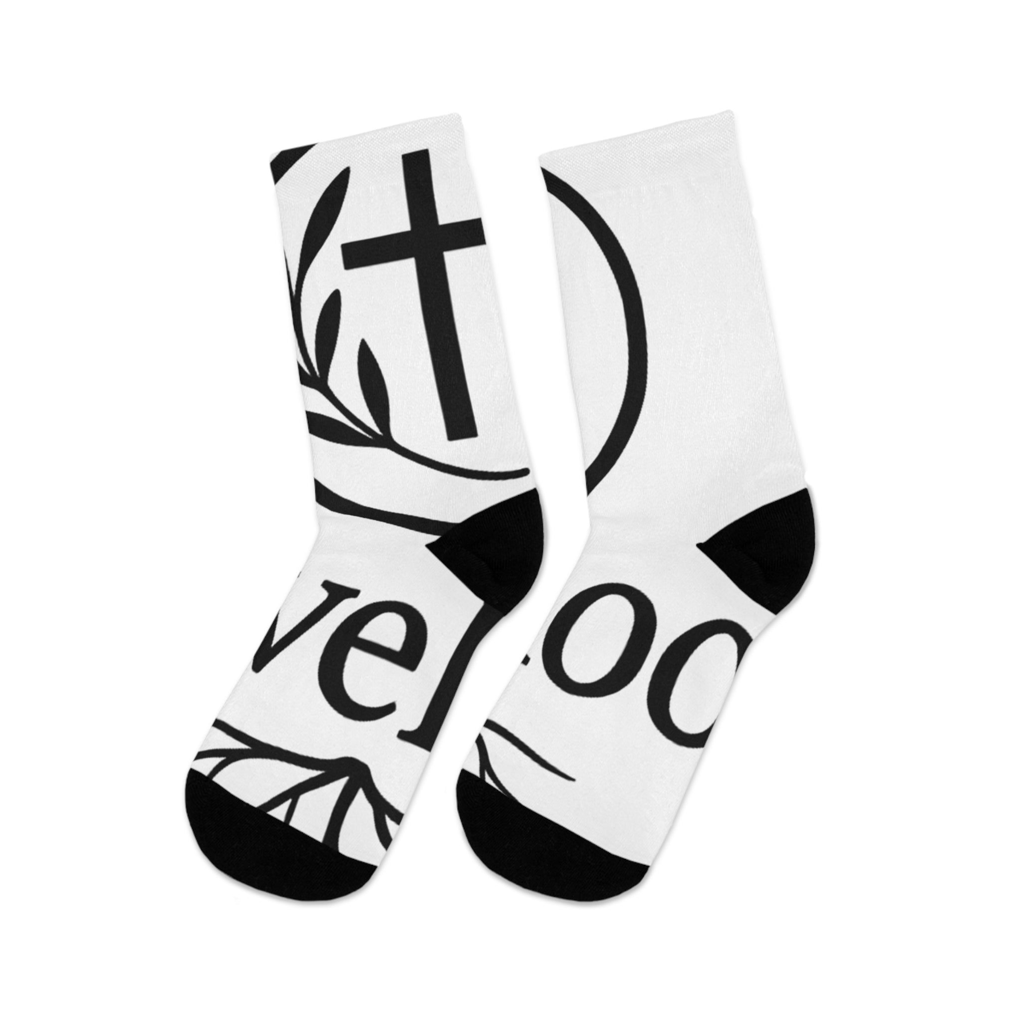 Recycled Poly Socks - Earth-Friendly White and Black OliveRoot Branded Socks