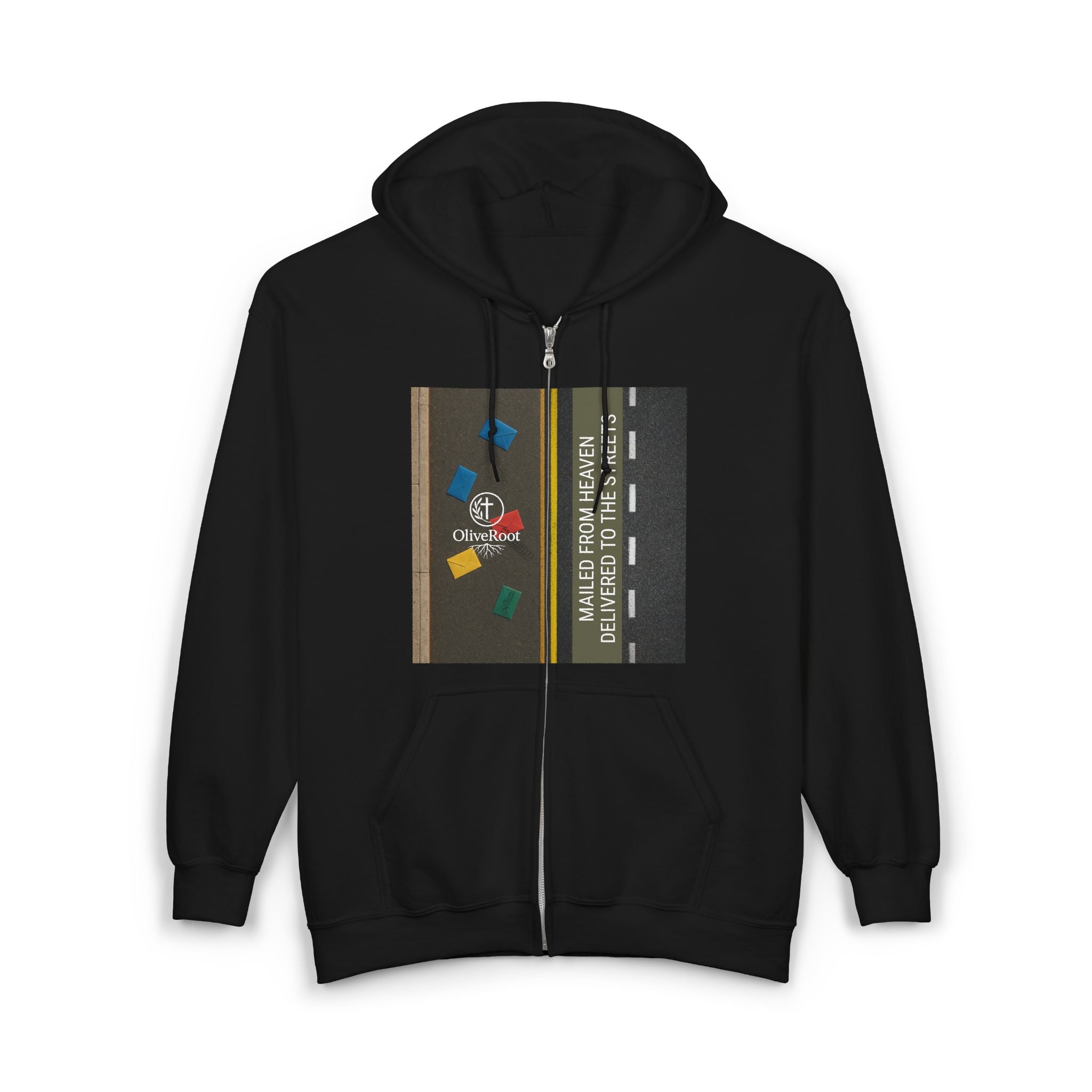 Christian Mission Street Unisex Full Zip Hooded Sweatshirt - Colorful Envelopes Design