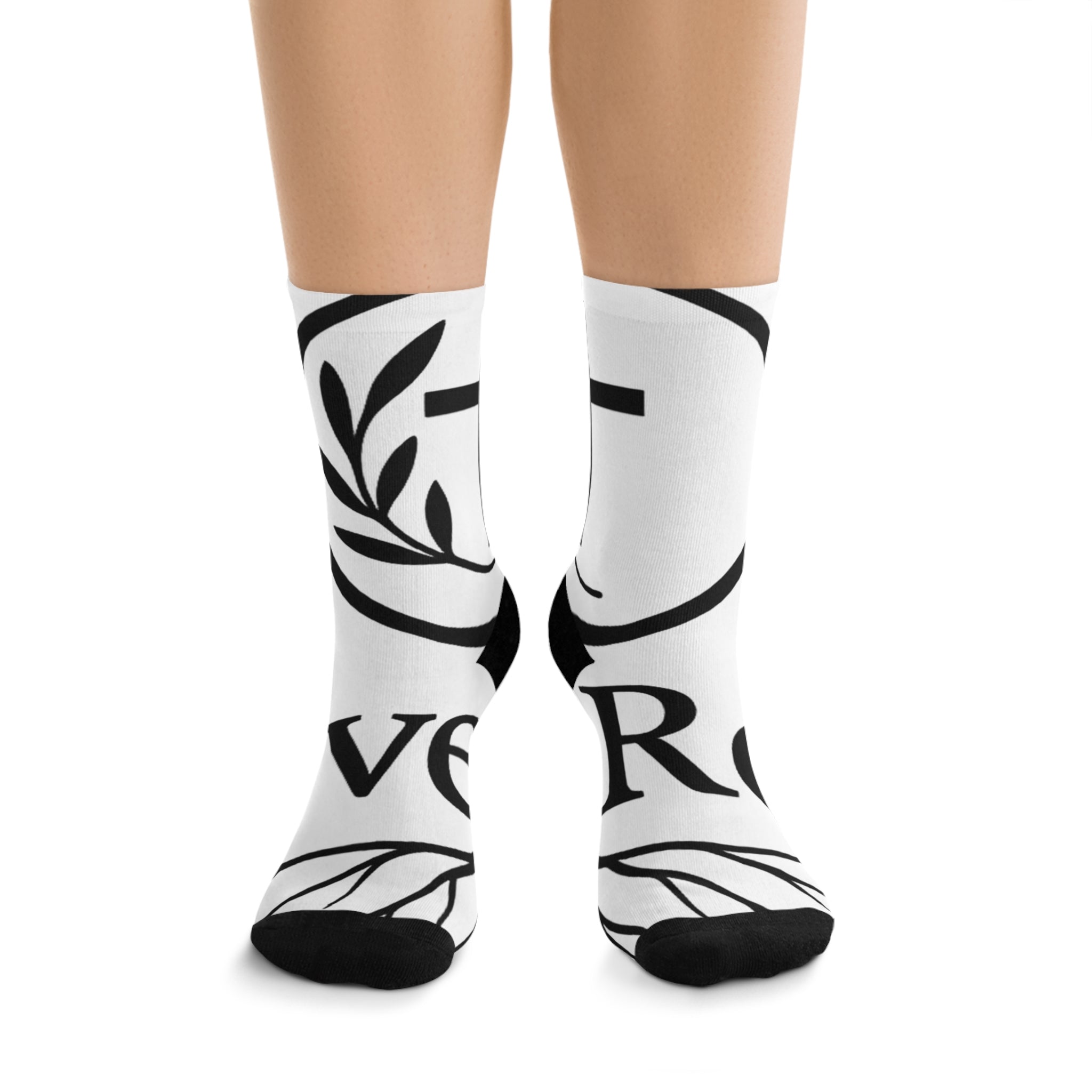 Recycled Poly Socks - Earth-Friendly White and Black OliveRoot Branded Socks