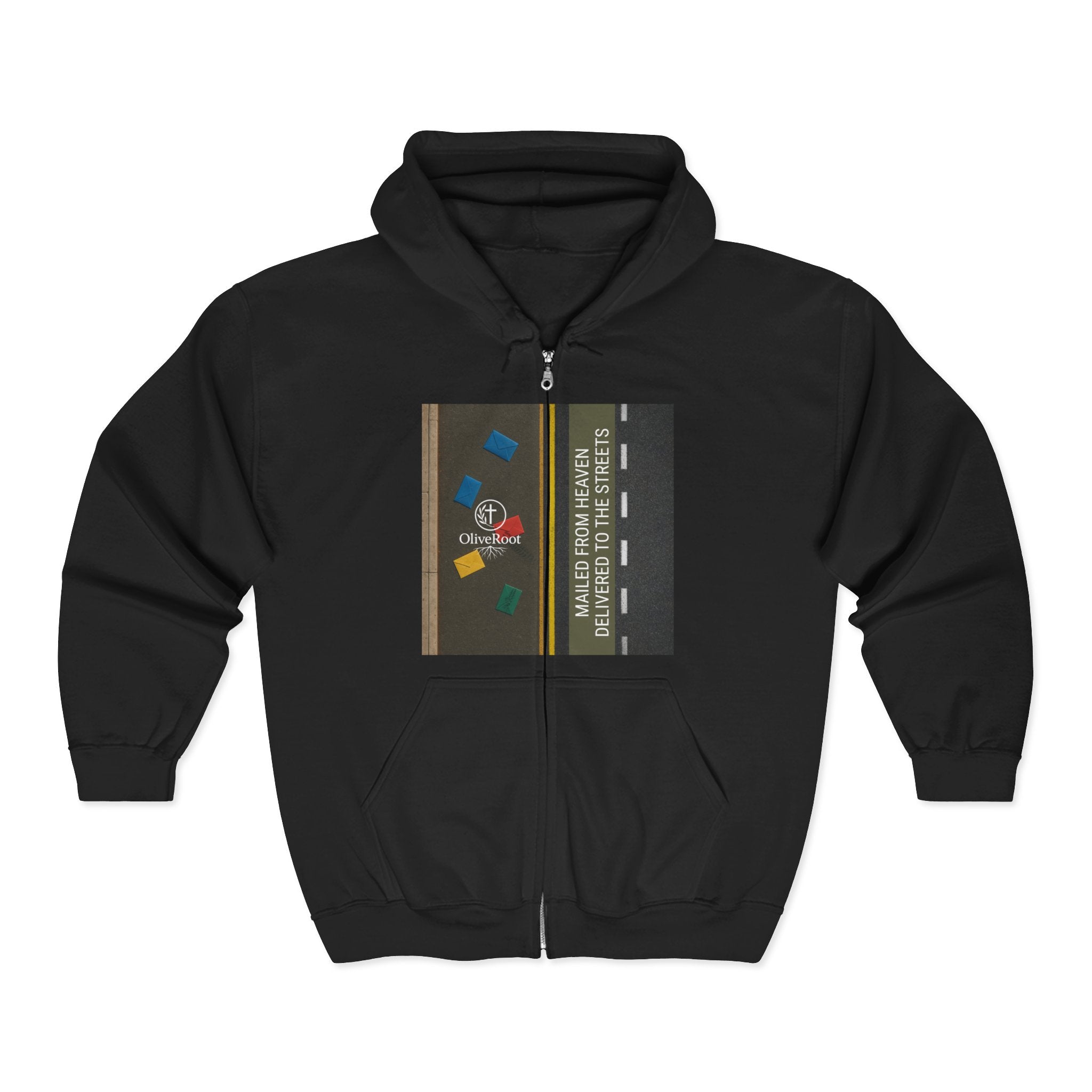 Christian Mission Street Unisex Full Zip Hooded Sweatshirt - Colorful Envelopes Design