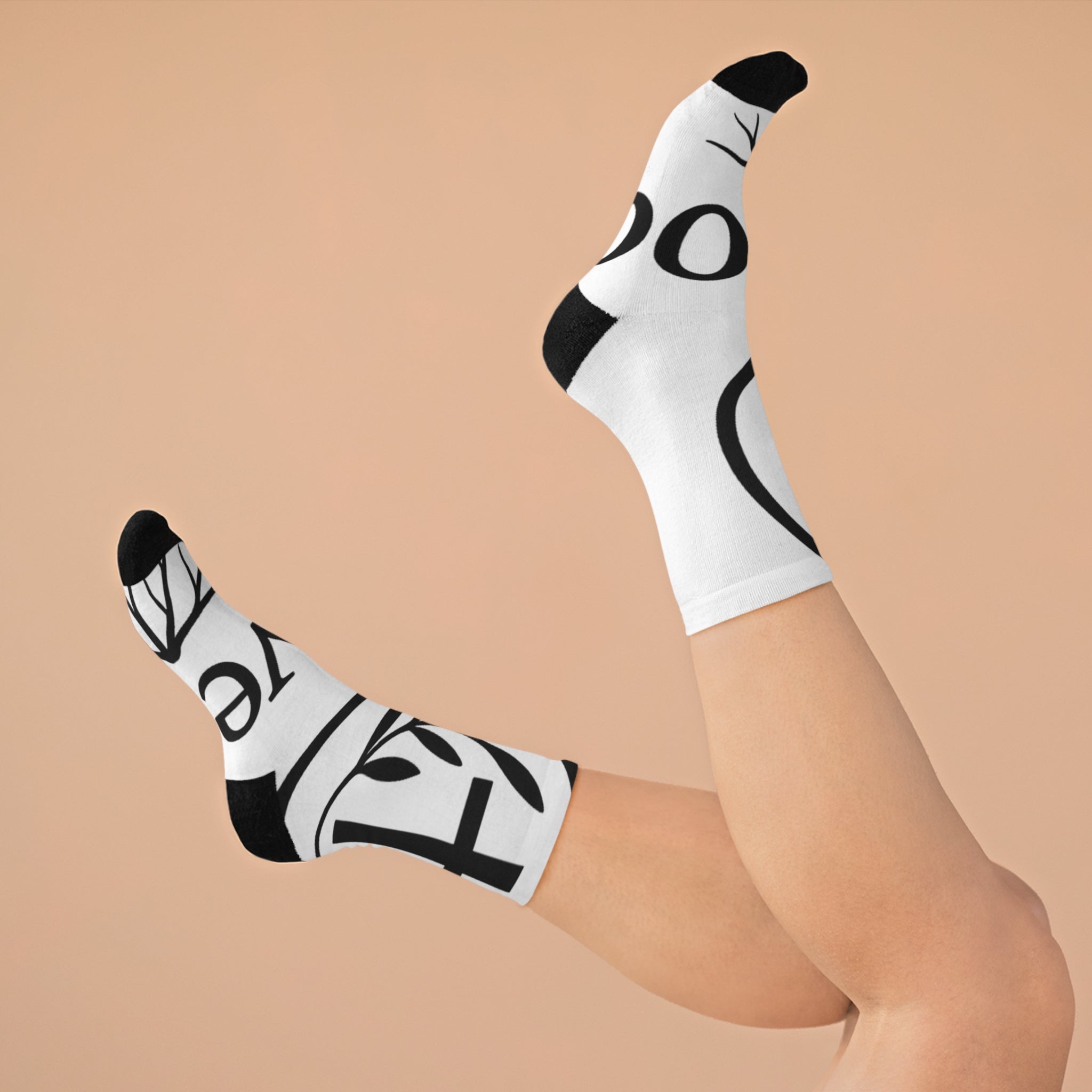 Recycled Poly Socks - Earth-Friendly White and Black OliveRoot Branded Socks