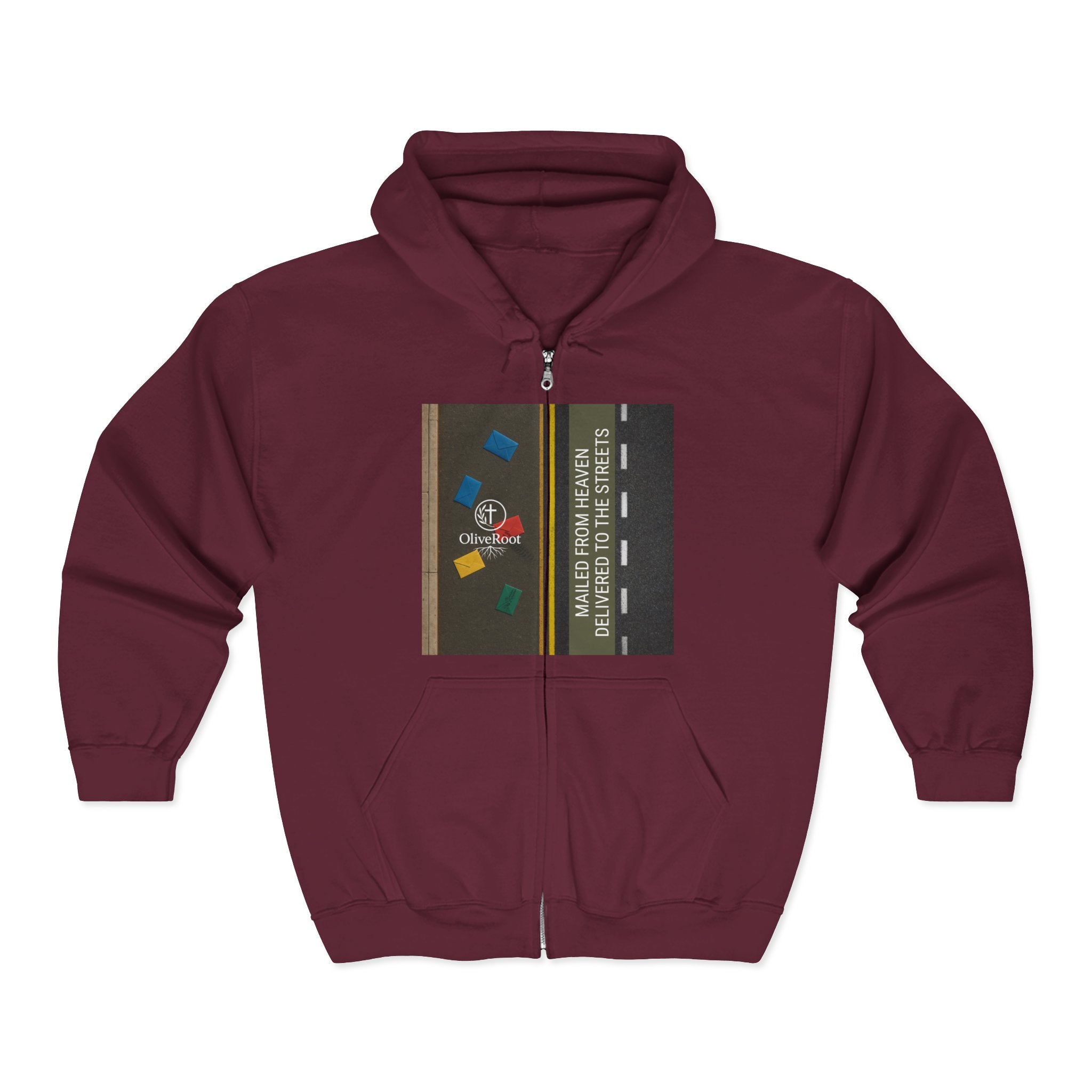 Christian Mission Street Unisex Full Zip Hooded Sweatshirt - Colorful Envelopes Design