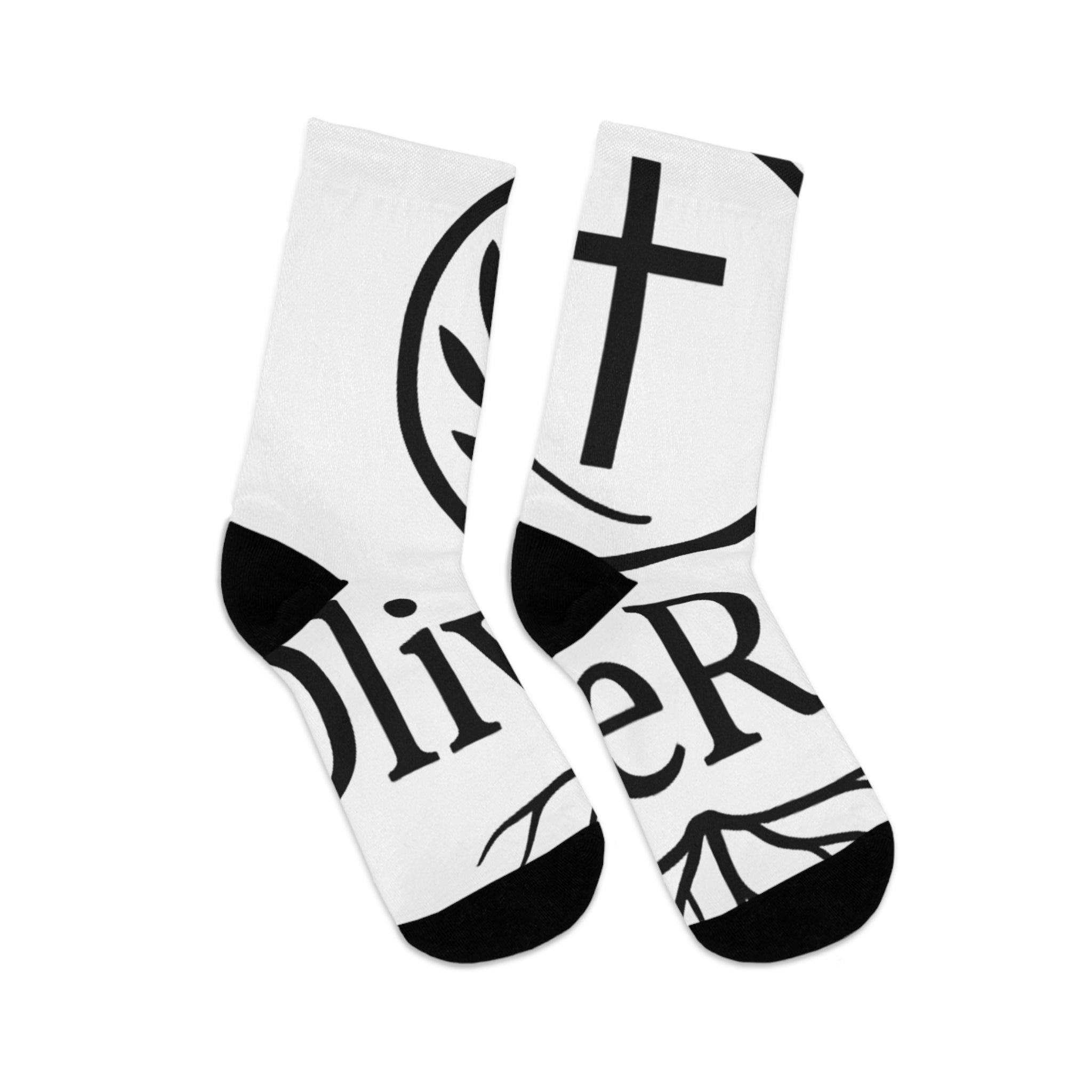 Recycled Poly Socks - Earth-Friendly White and Black OliveRoot Branded Socks