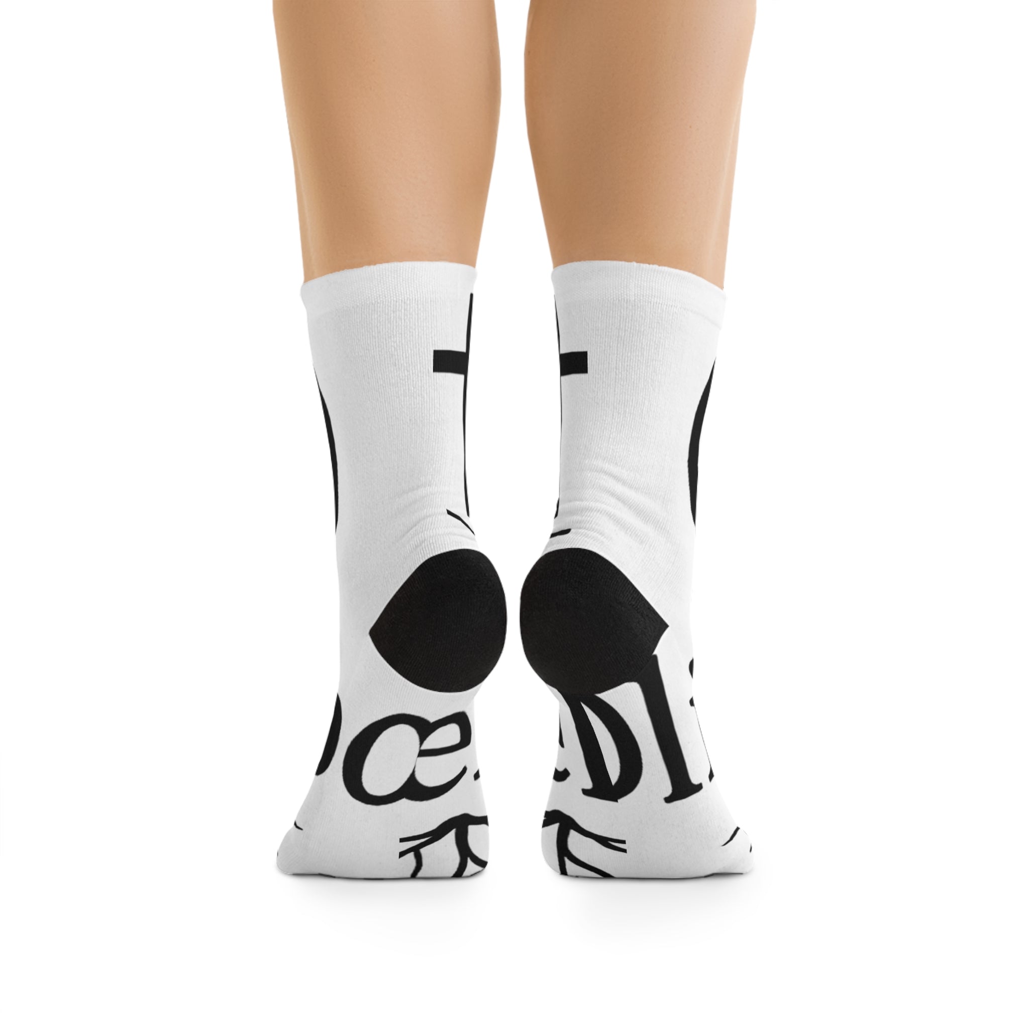 Recycled Poly Socks - Earth-Friendly White and Black OliveRoot Branded Socks